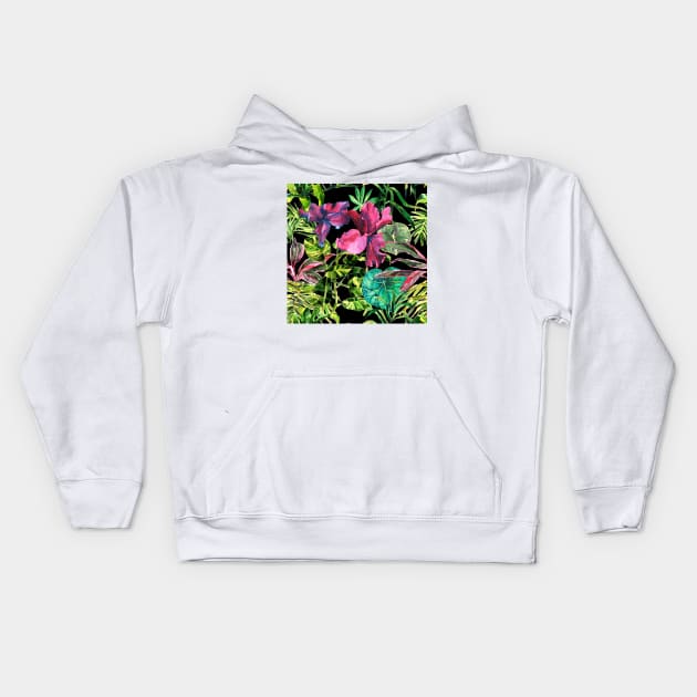 Seamless tropical flower, plant and leaf pattern background Kids Hoodie by Olga Berlet